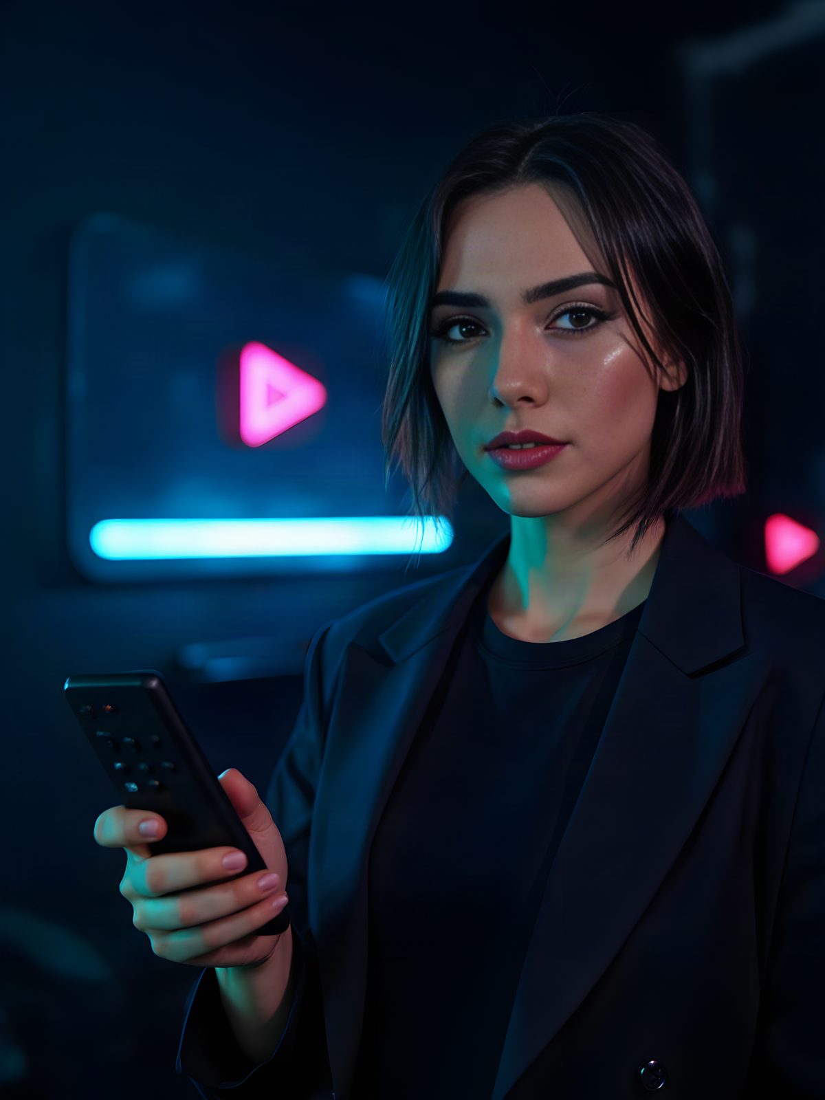 Remy Marlow, the show's AI host, in a navy blazer holding a TV remote
